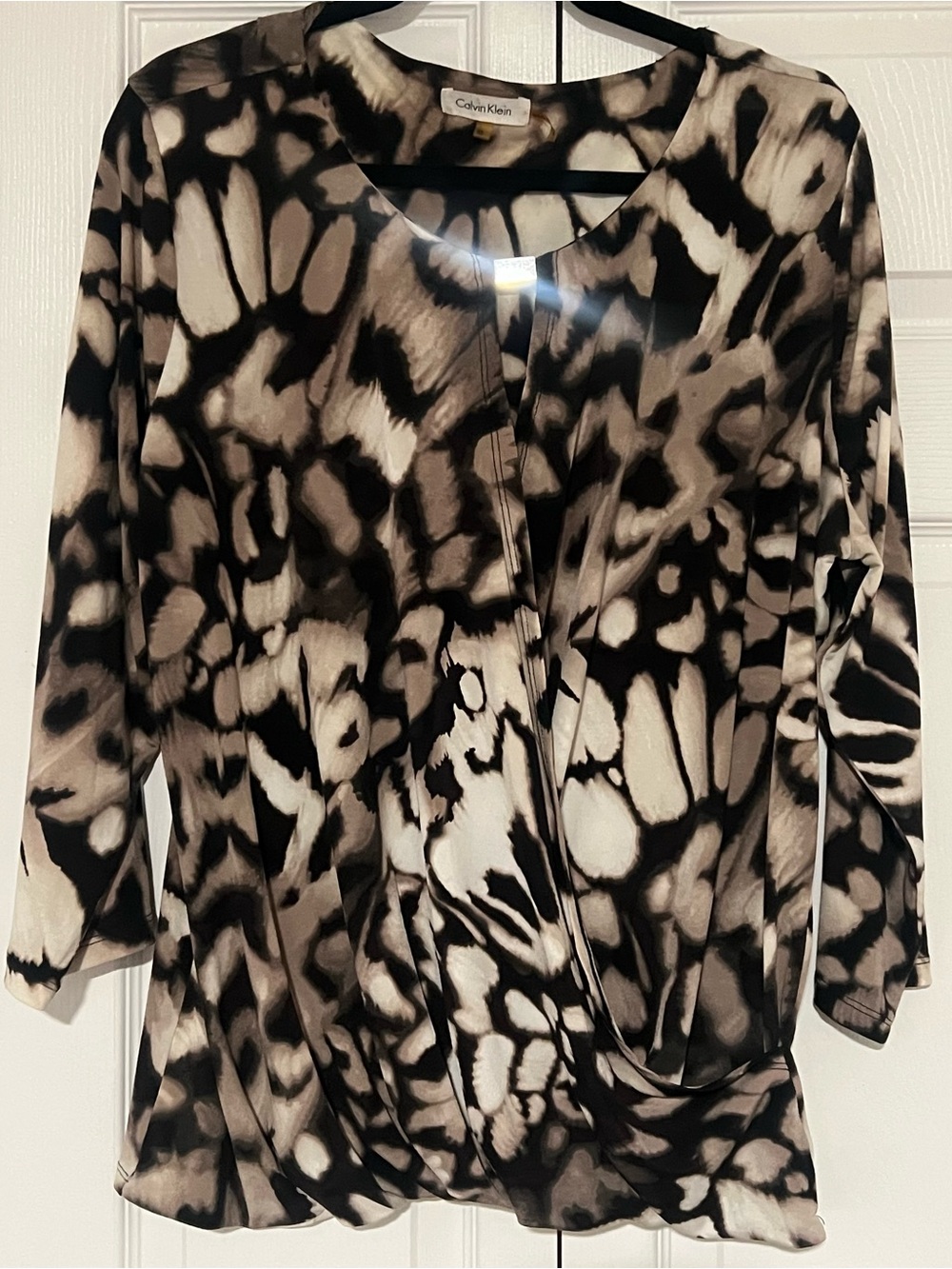 Calvin Klein Black & Taupe Abstract Print Wrap-Front Long Sleeve Top